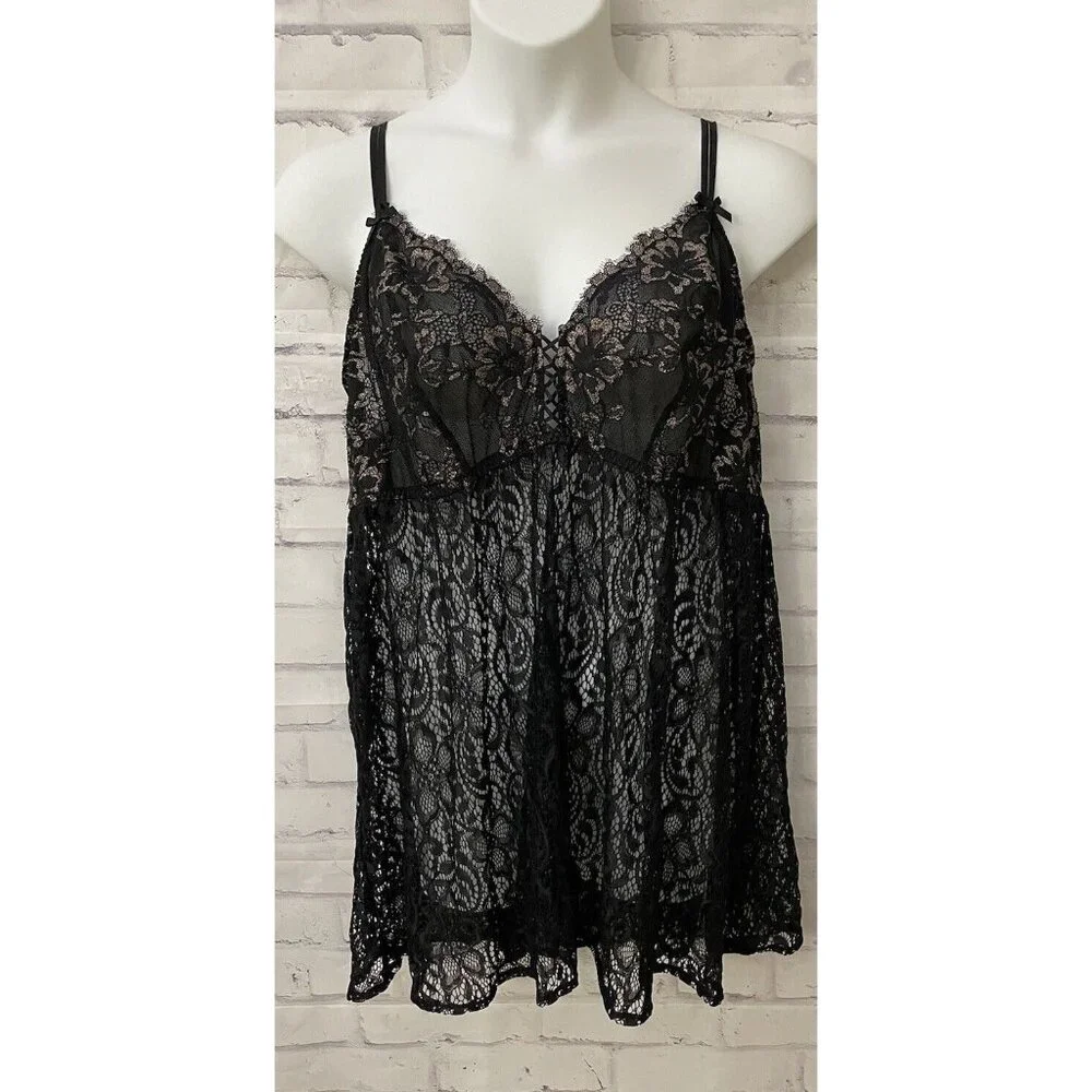 Cacique Black And Gold Lace Teddy Neglige‎ Set Size 22/24 Sexy Sheer New W Tag